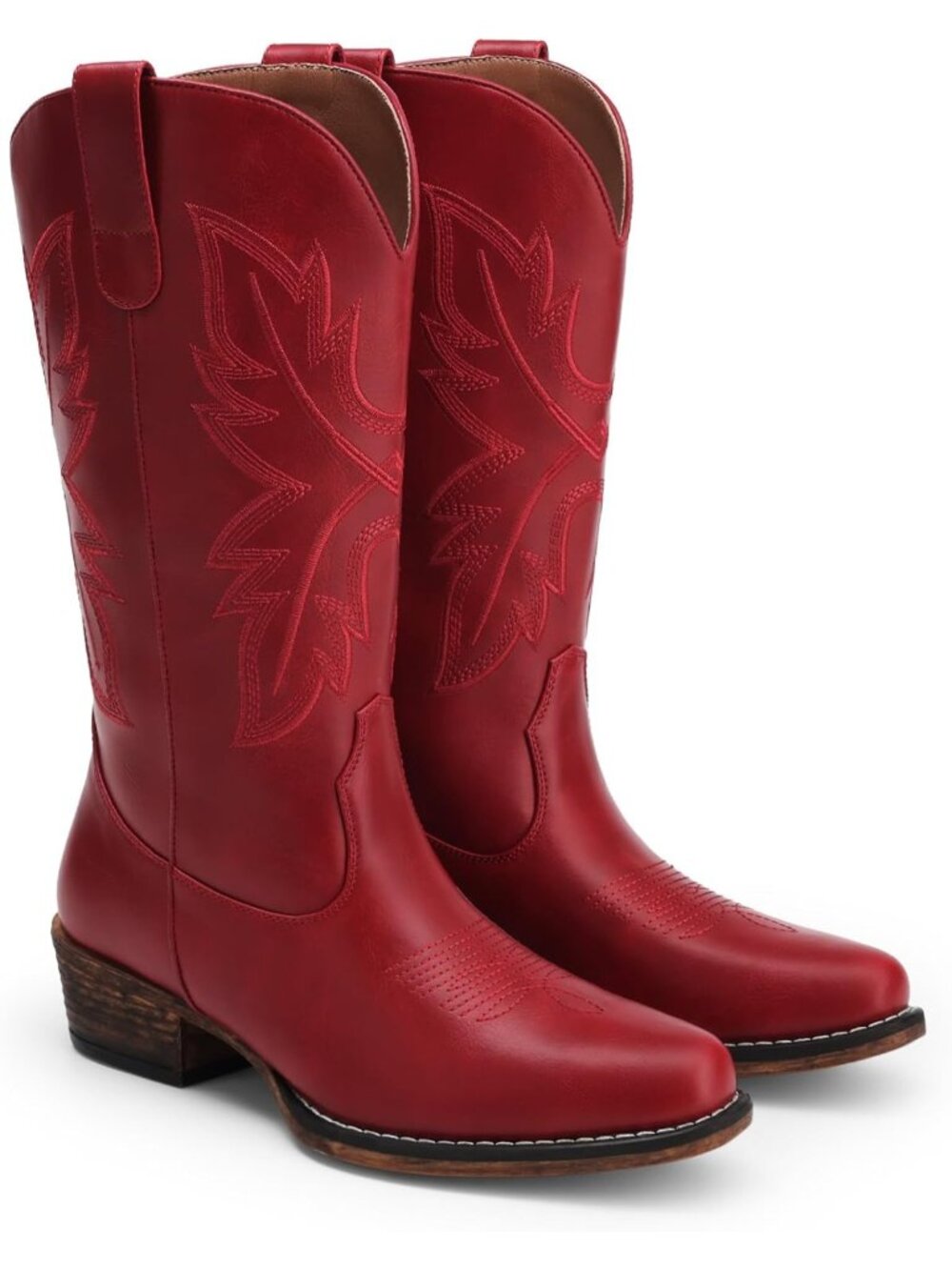 Women Cowgirl Western Mid Calf Red Snip Toe Embroidered Low Chunky Heel Boots - Picture 7 of 7